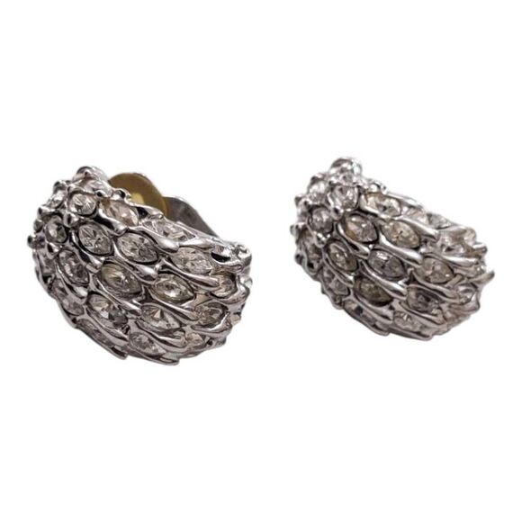 St John Swarovski Clip On Earrings Silver‎ Toned Rhinestones Vintage Signed - Picture 1 of 5
